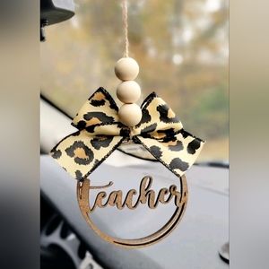 New TEACHER CAR CHARM with cheetah print ribbon